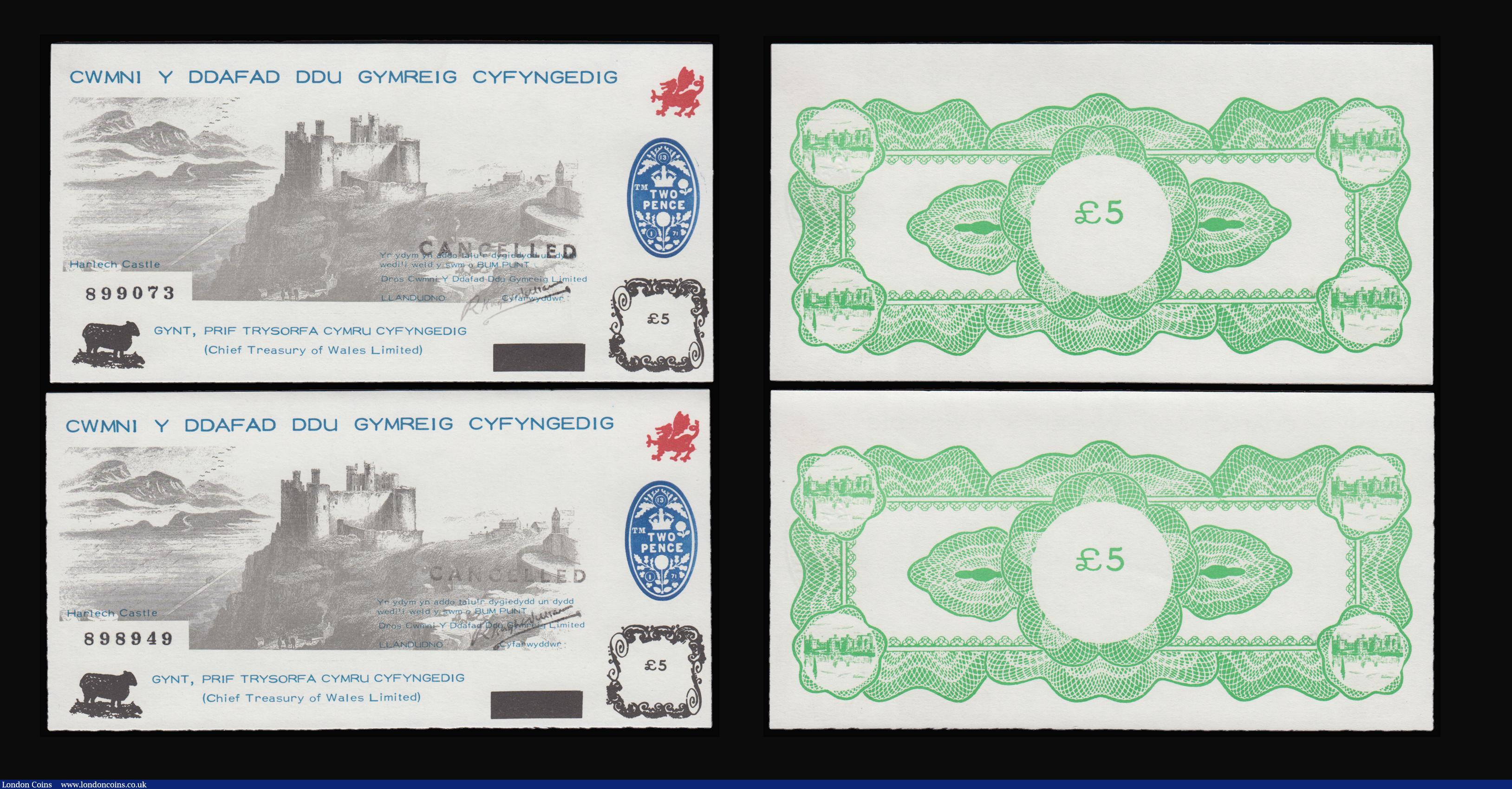 London Coins : A183 : Lot 135 : Wales - Black Sheep Company Five Punt Harlech Castle (5) red dragon and blue Two Pence stamp at righ...