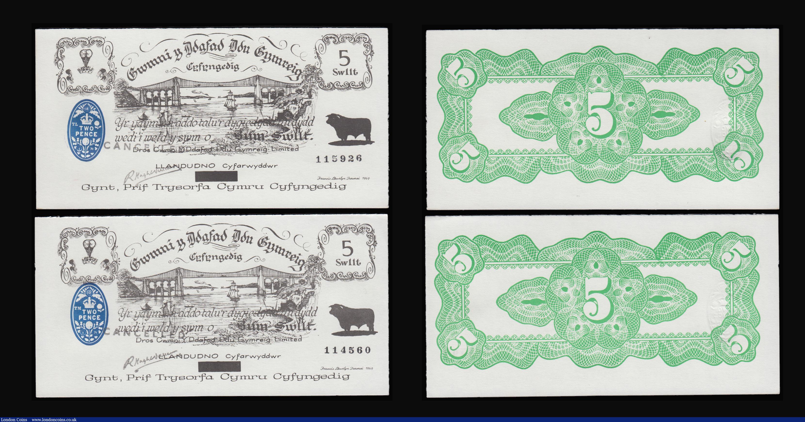 London Coins : A183 : Lot 136 : Wales - Black Sheep Company Five Swilt (5) Black Bull vignette blue Two Pence stamp Llandudno black ...