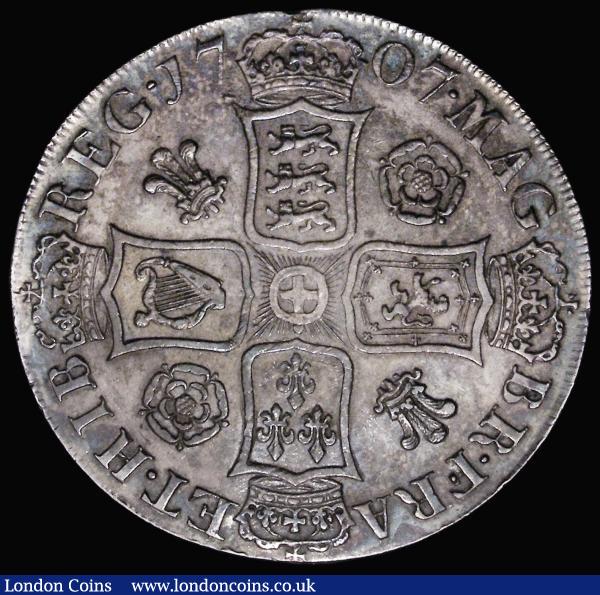 Crown 1707 Roses and Plumes ESC 102, Bull 1343 VF cleaned, now artificially toned with some adjustment lines : English Coins : Auction 183 : Lot 1436
