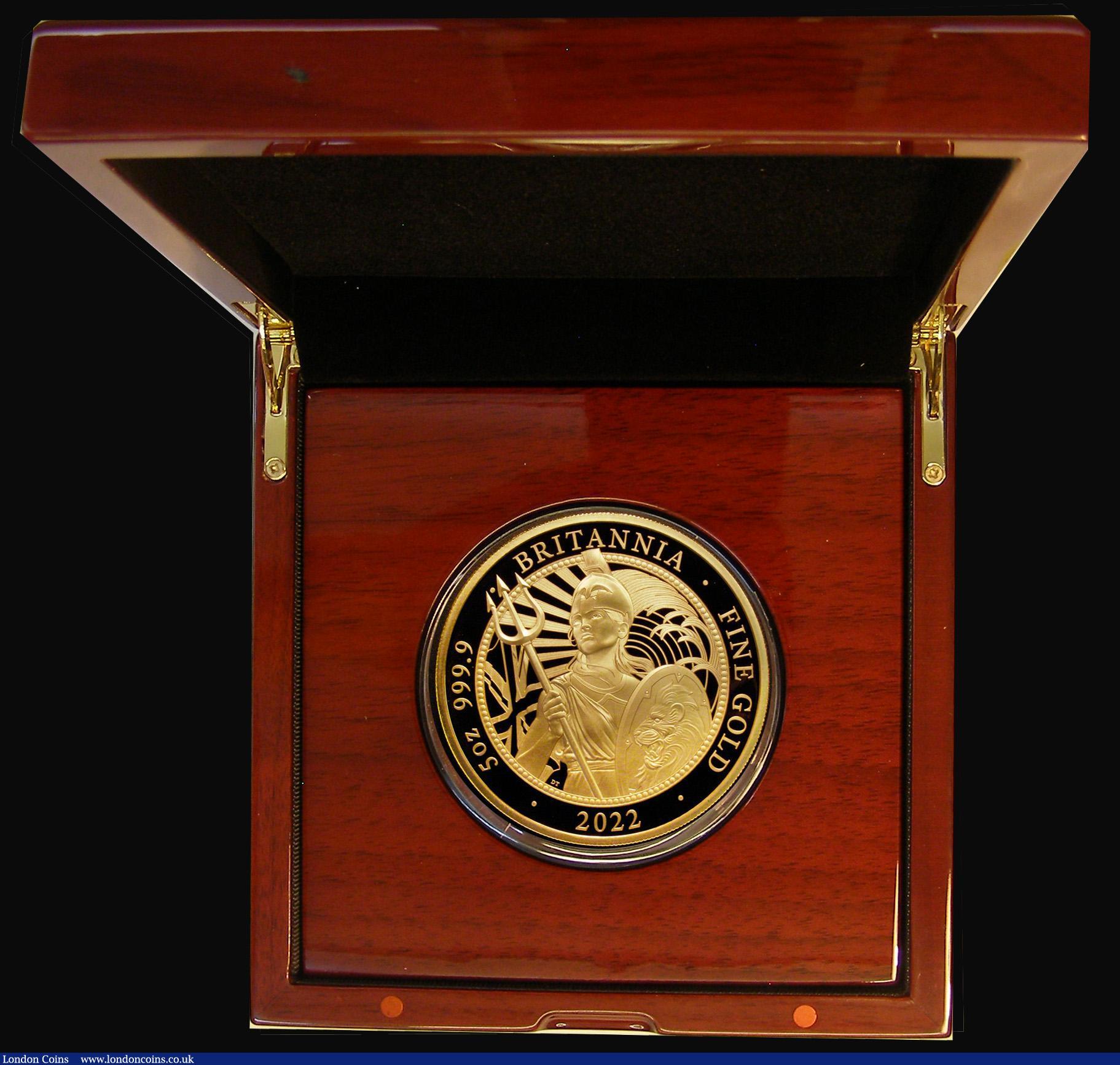 London Coins : A183 : Lot 151 : Britannia Gold £500 2022 5oz. Gold Proof featuring a new reverse design, with Britannia standi...