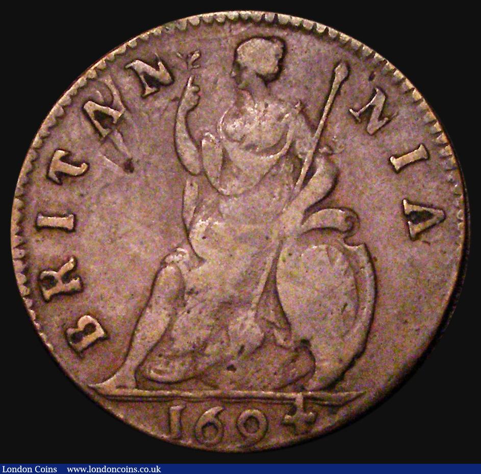 London Coins : A183 : Lot 1527 : Farthing 1694 Unbarred A's in BRITANNIA, Last A unbarred in MARIA, No Stop on Reverse, Double e...