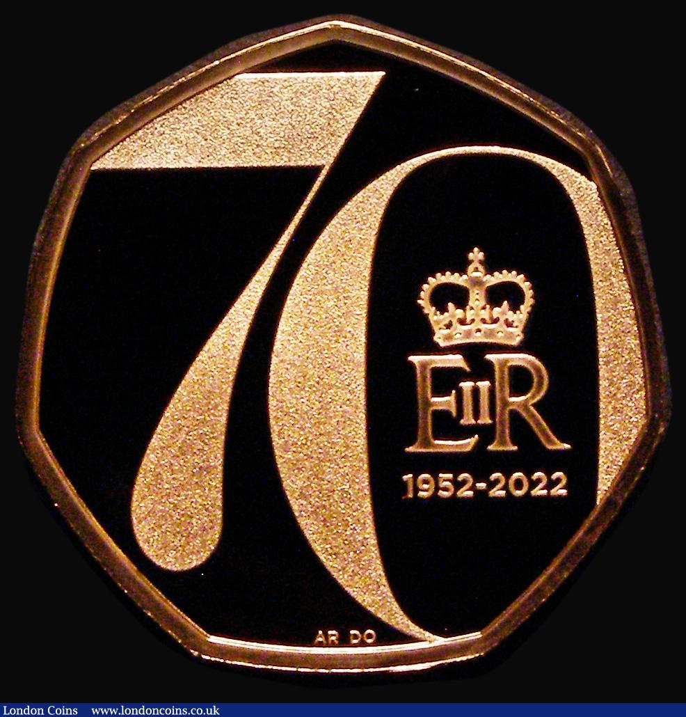 London Coins : A183 : Lot 1640 : Fifty Pence 2022 Queen Elizabeth II Platinum Jubilee Gold Proof S.H103A FDC uncased in capsule, no c...
