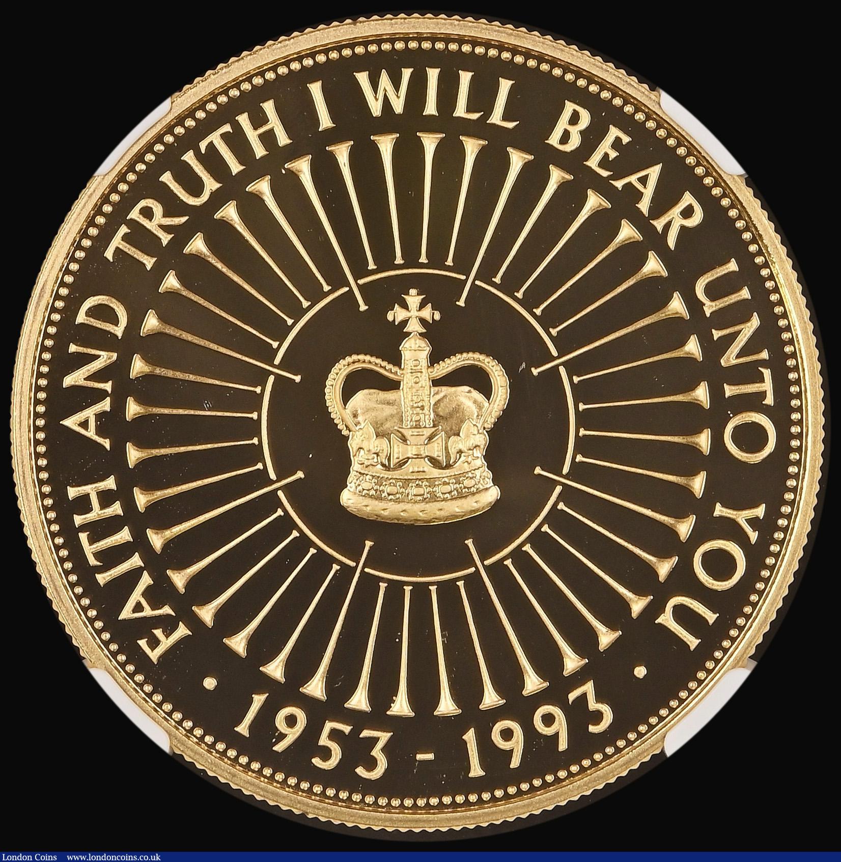 London Coins : A183 : Lot 1644 : Five Pound Crown 1993 Queen Elizabeth II 40th Anniversary of the Coronation Gold Proof S.L2 in an NG...