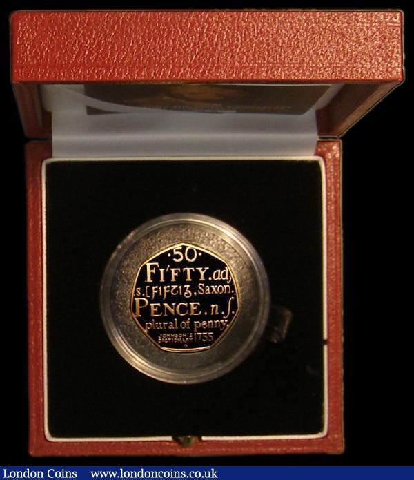 London Coins : A183 : Lot 168 : Fifty Pence 2005 Samuel Johnson's Dictionary Gold Proof FDC cased as issued with certificate