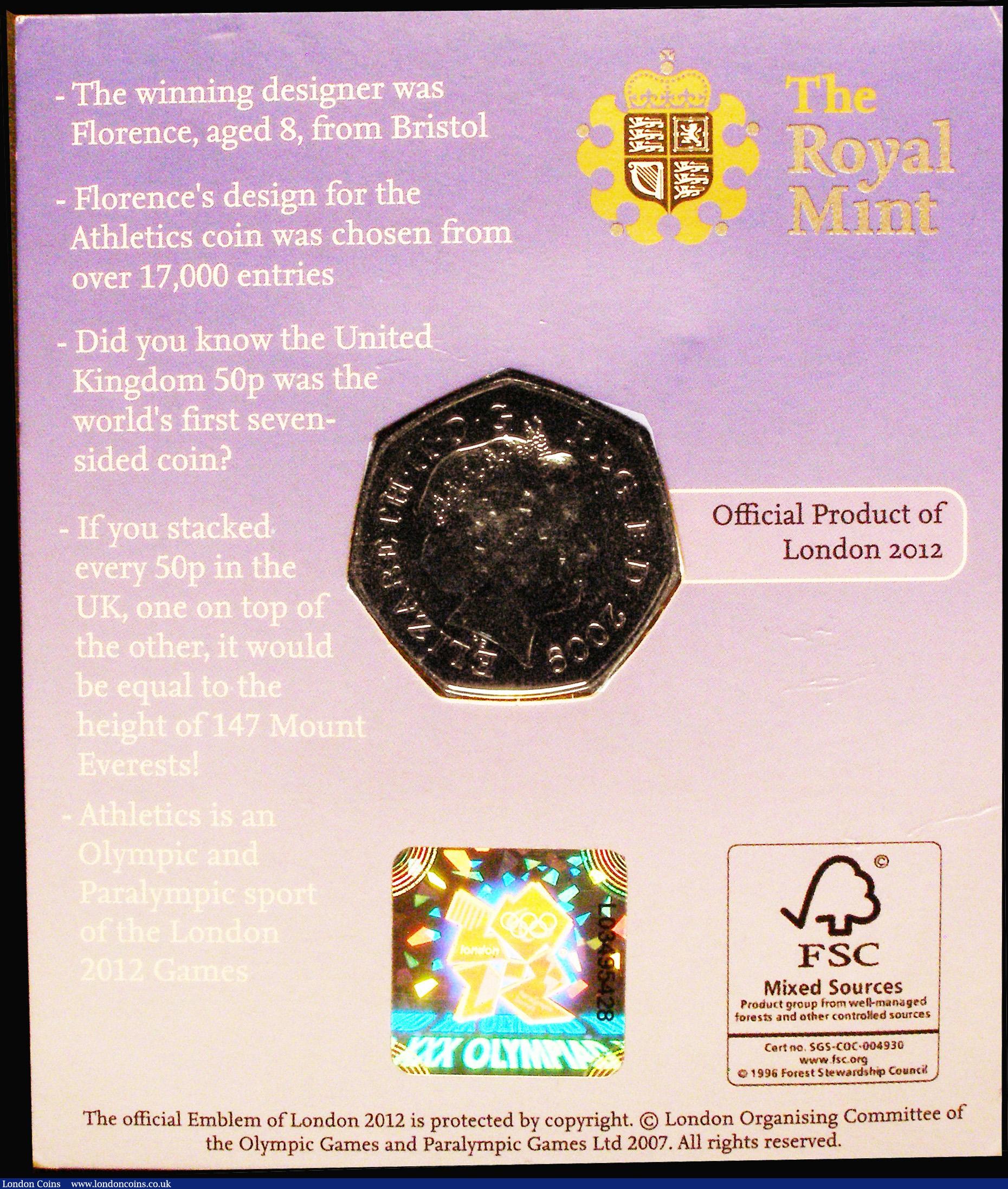 London Coins : A183 : Lot 172 : Fifty Pence 2009 London Olympics - Athletics S.LO1 Lustrous UNC on the Blue Peter card of issue