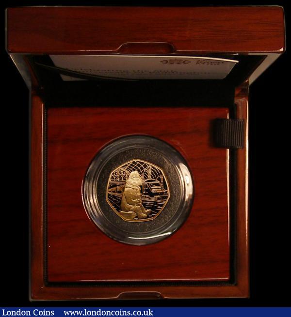London Coins : A183 : Lot 179 : Fifty Pence 2018 Paddington Bear 60th Anniversary - At The Station, Gold Proof FDC in the Royal Mint...