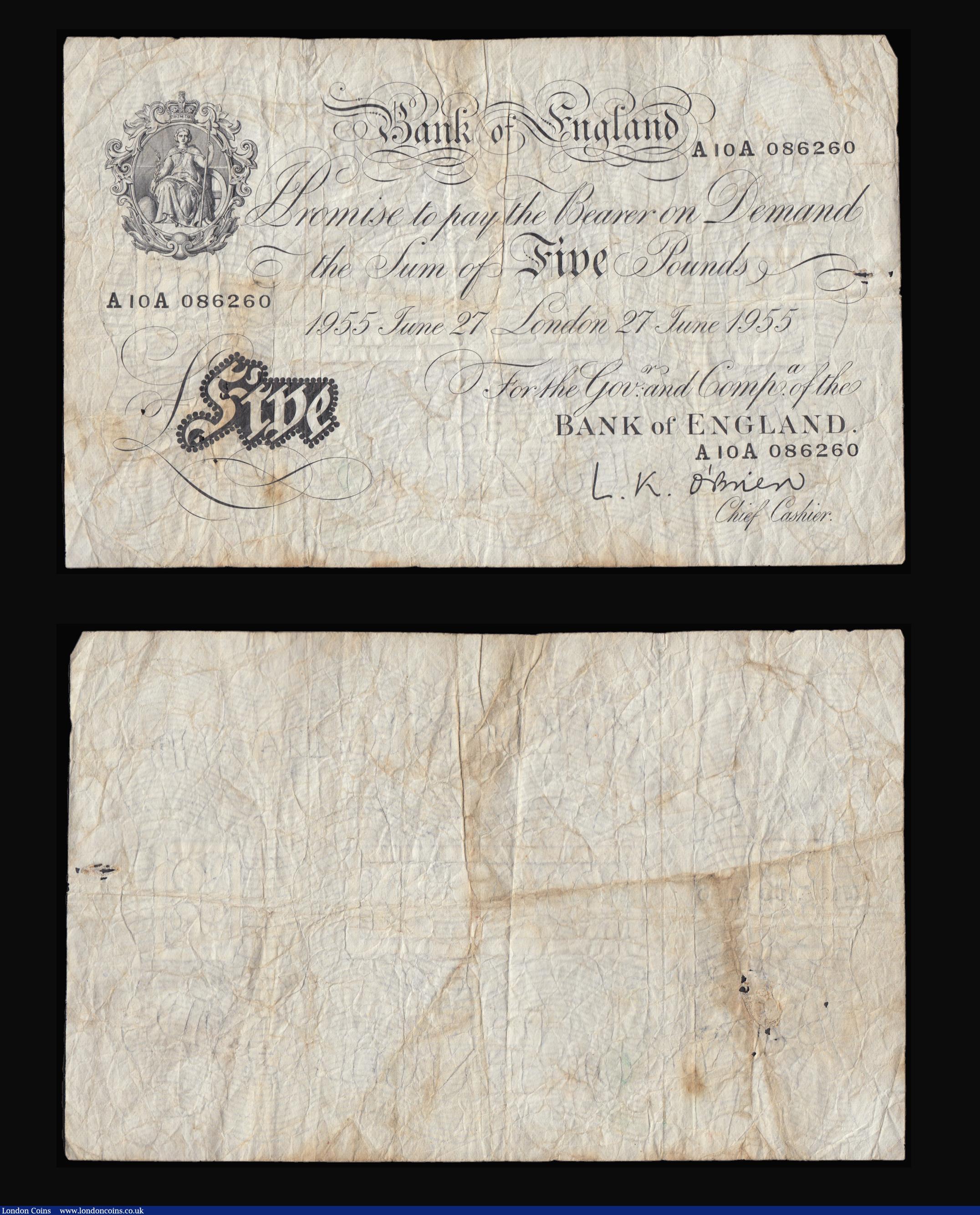 London Coins : A183 : Lot 18 : Five Pounds O'Brien White Notes B276 Thin paper Metal thread  London branch...