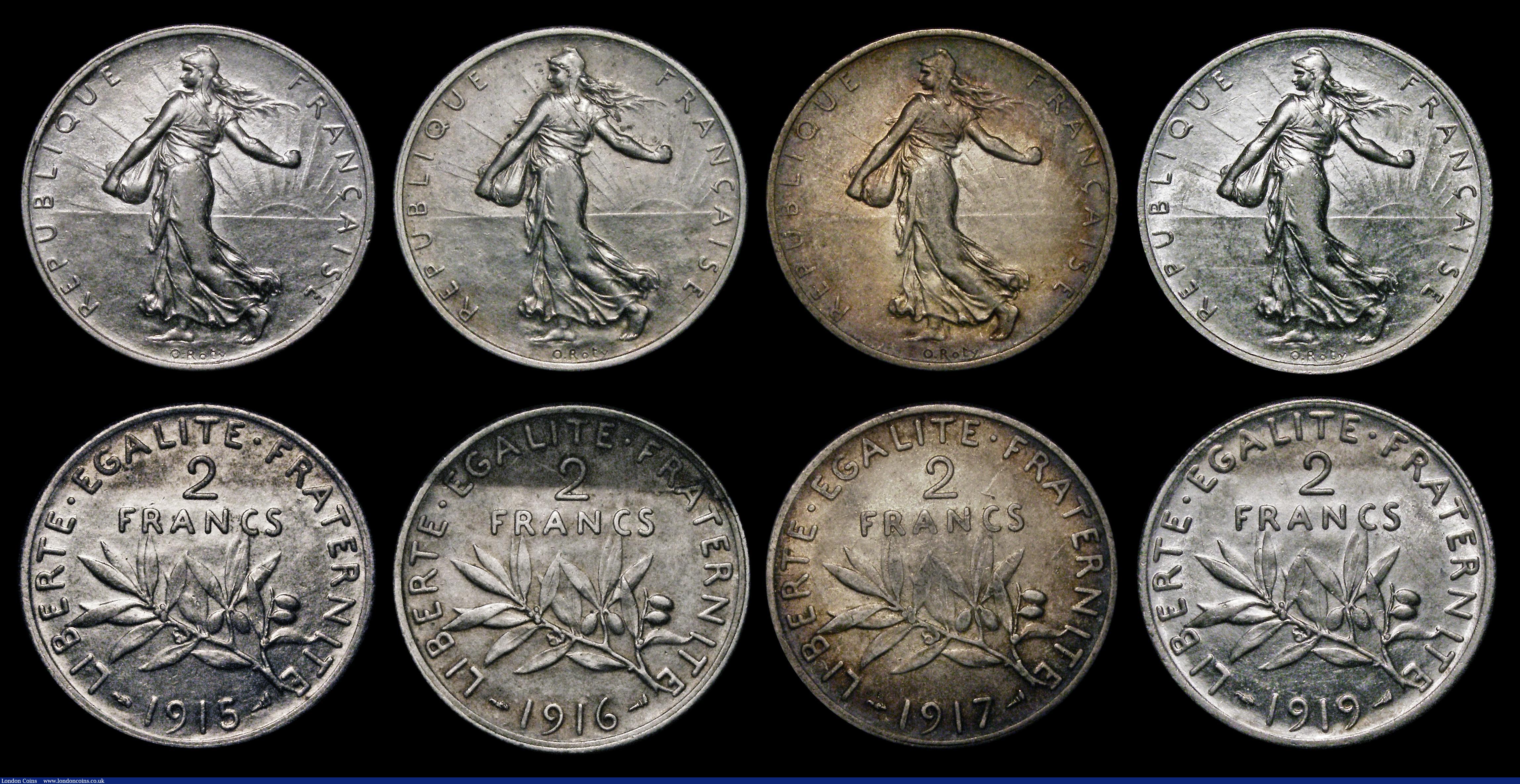 London Coins : A183 : Lot 2708 : France Two Francs (8) 1904 VG, 1908 VG, 1910 Fine, 1914 Fine, 1915 NVF/VF, 1916 VF, 1917 Good Fine/F...