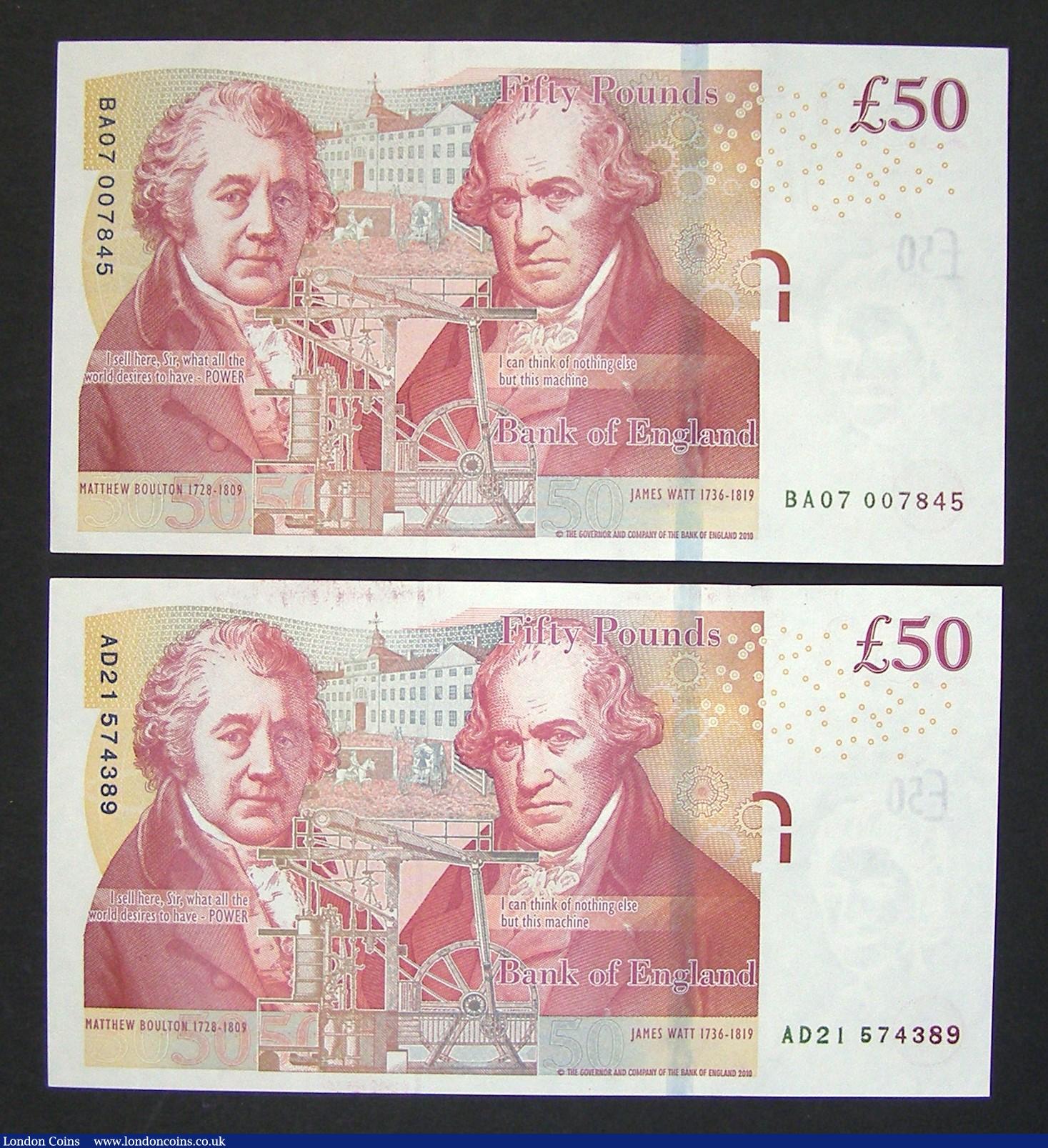 London Coins : A183 : Lot 36 : Fifty Pounds Boulton and Watt (2) Salmon B410 Prefix AD21 and Cleland B413 prefix BA07 both Unc