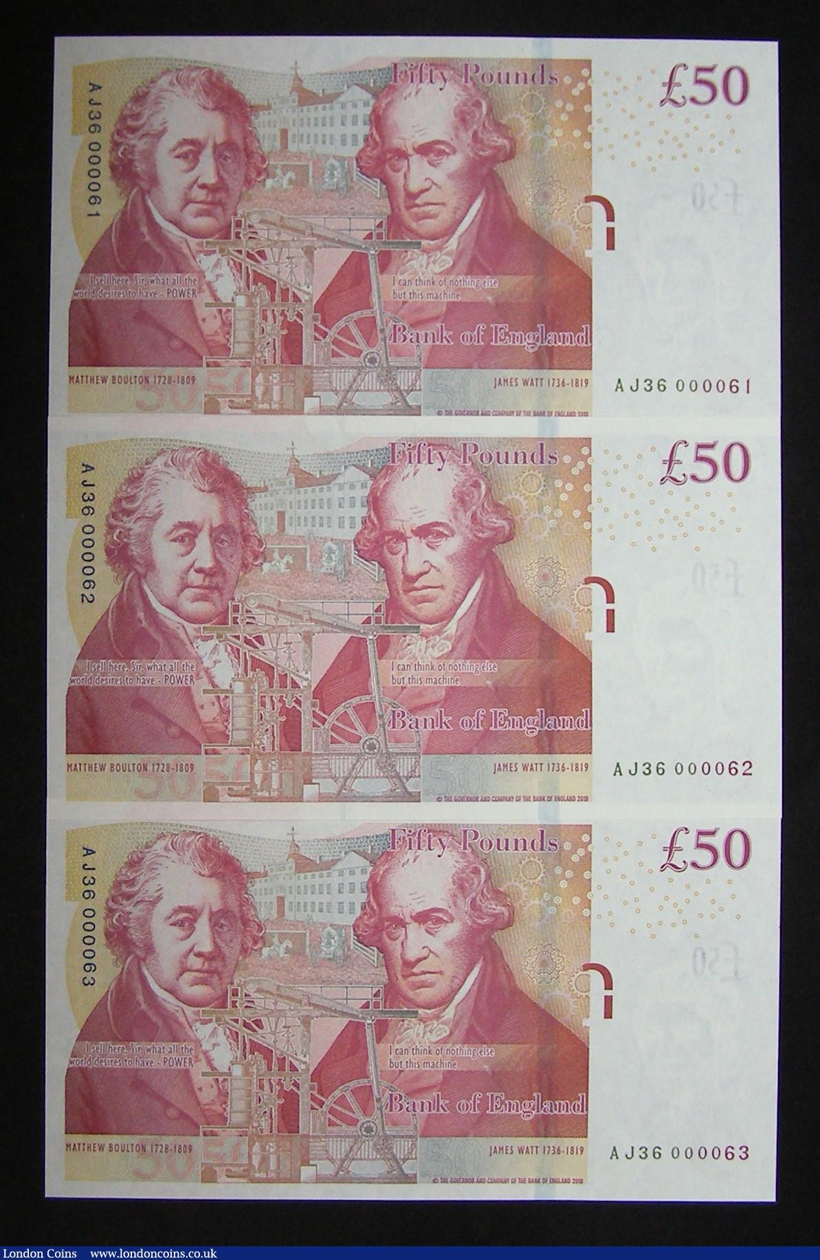 London Coins : A183 : Lot 38 : Fifty Pounds Cleland, B413 Boulton and Watt First Run 3 consecutives AJ36 000061-63 Unc