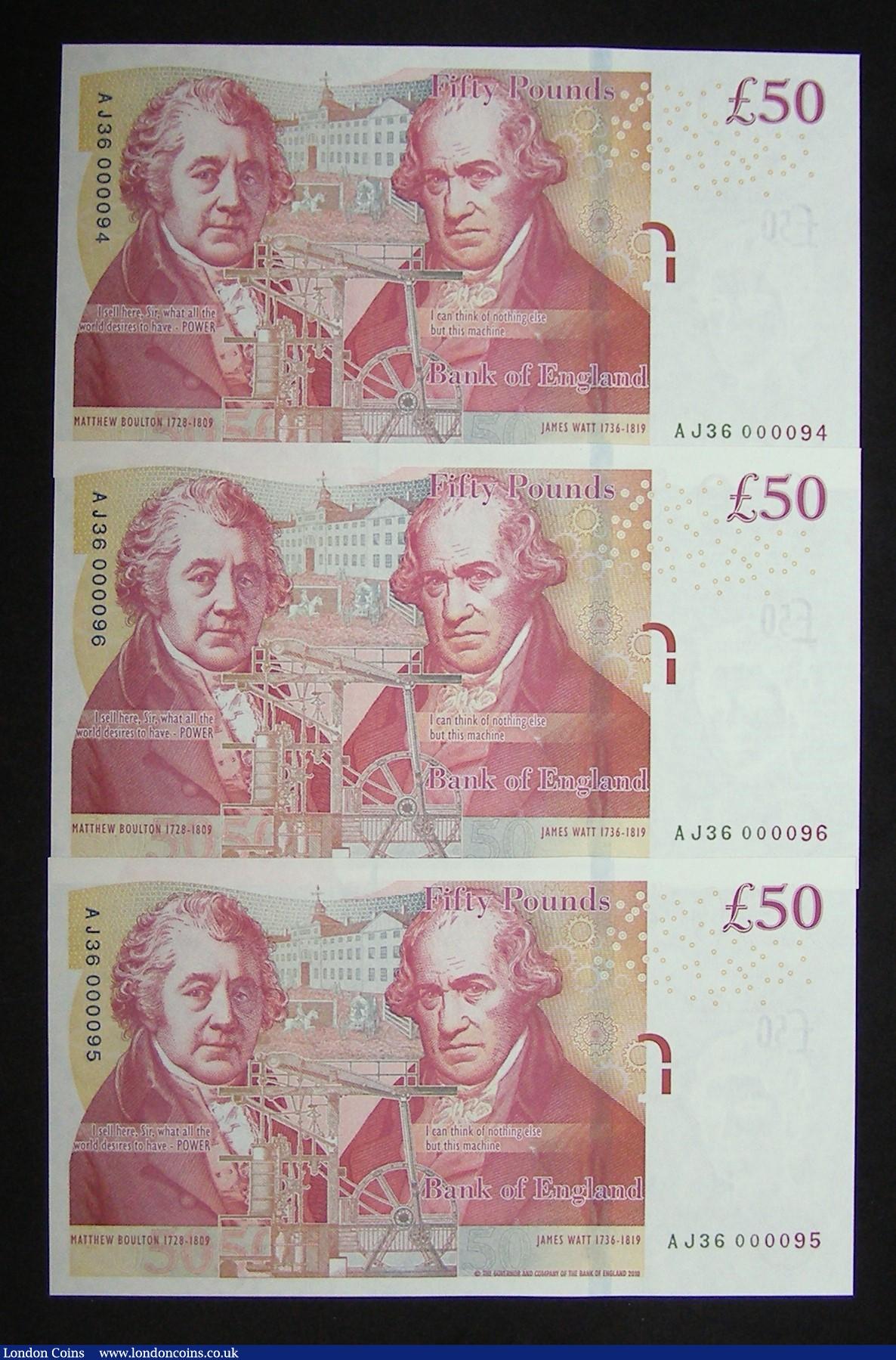London Coins : A183 : Lot 39 : Fifty Pounds Cleland, B413 Boulton and Watt First Run 3 consecutives AJ36 000094-96 Unc