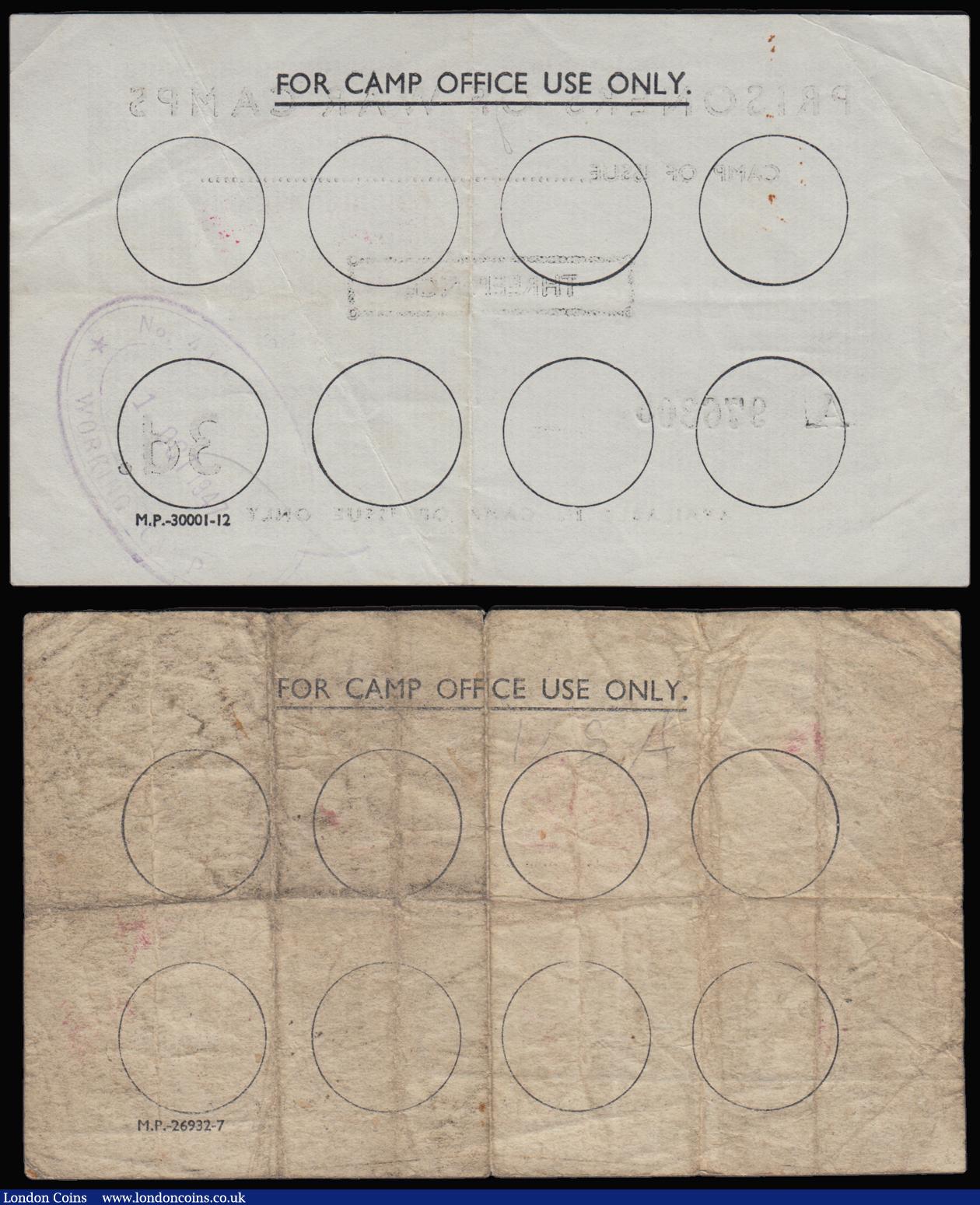 London Coins : A183 : Lot 42 : Prisoner of War Camp (2) 3d 29 June 1945 Camp 40 red oval stamp GVF No. 976305, 6d 28 April 1944 Bur...