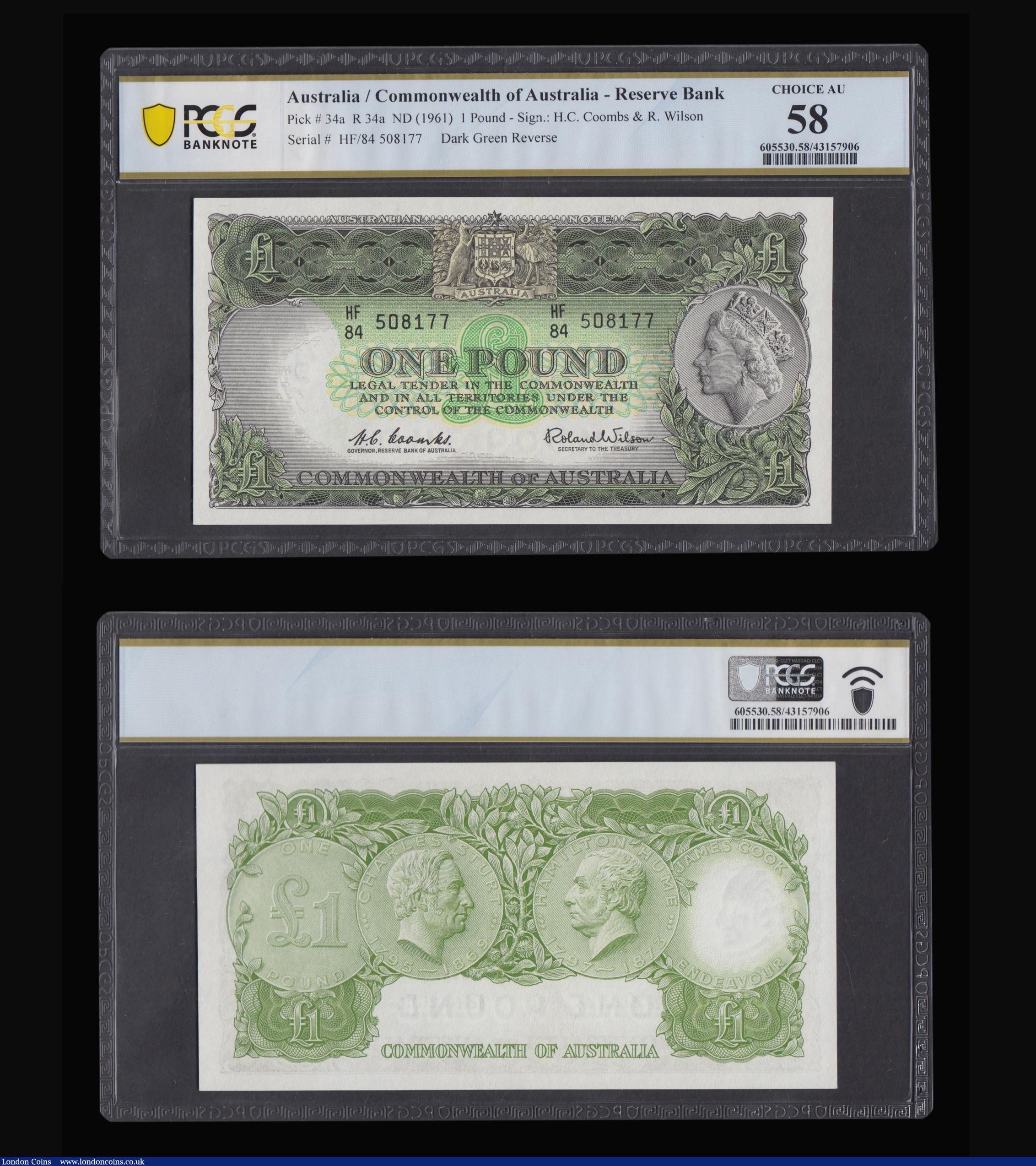 London Coins : A183 : Lot 58 : Australia 1 Pound issued 1961 - 1965 (2 consecutives) series HF/84 508177 and 508178, Pick34a, QEII ...