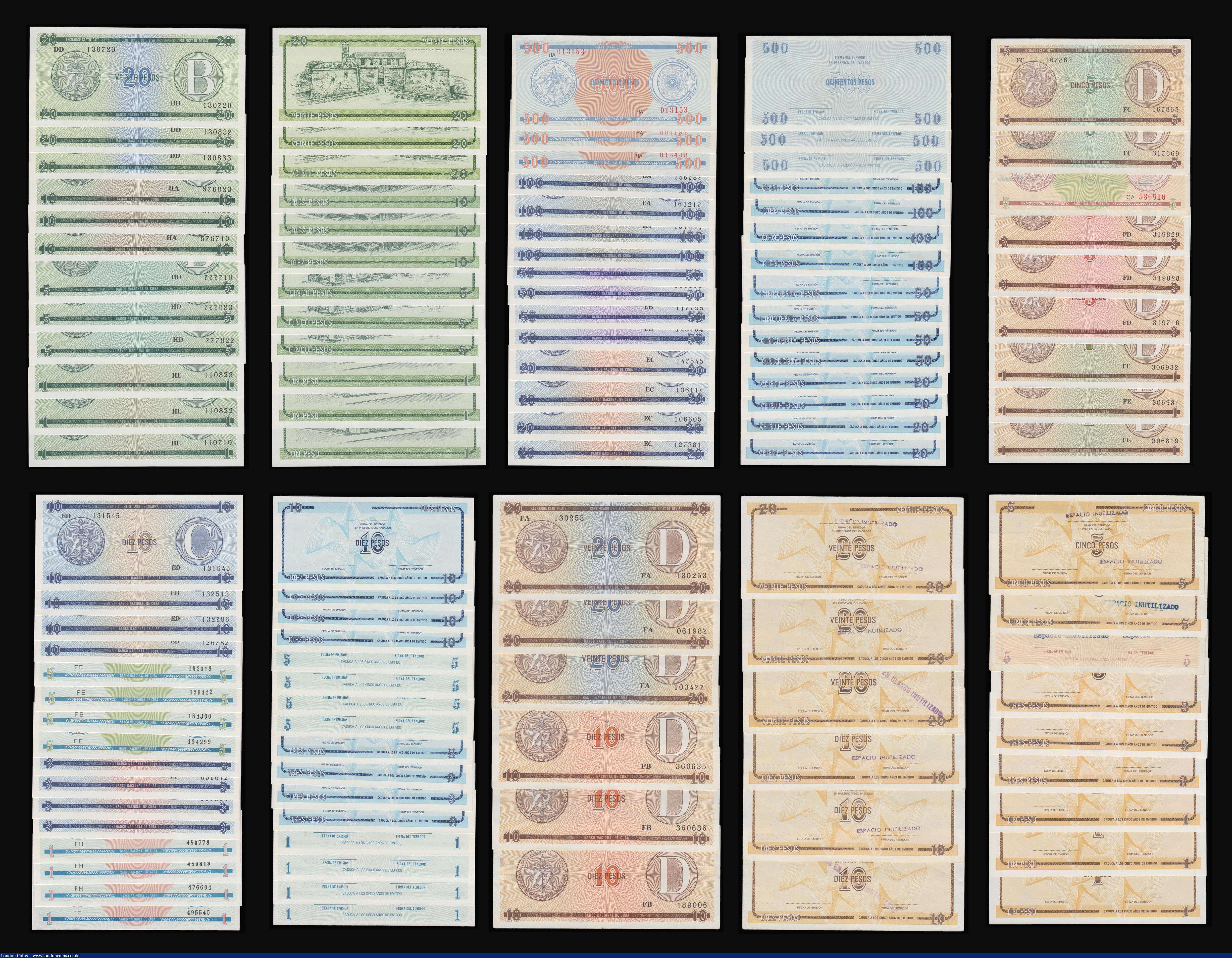 London Coins : A183 : Lot 77 : Cuba Exchange Certificates (73) Series A 1985 (15) includes 1,3,5,10 and 20 Pesos, Series B 1985 (12...