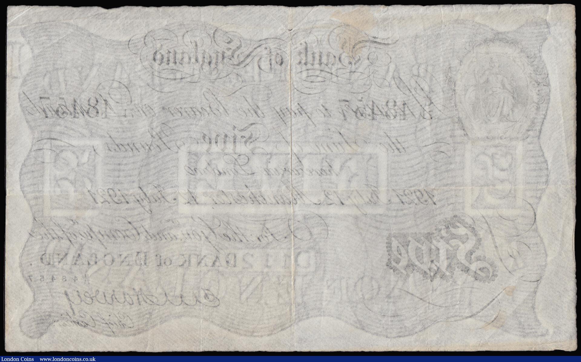 London Coins : A183 : Lot 8 : Five Pounds Harvey white B209a dated 12 July 1921 series U/71 48457, Manchester branch, Pick312d, be...