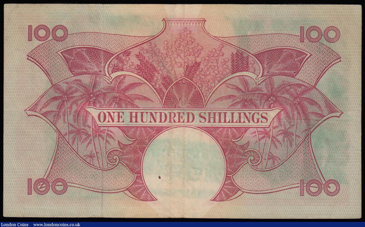 London Coins : A183 : Lot 80 : East Africa 100 Shillings, 1958-60 issue, QE II top right, Pick 40, VF