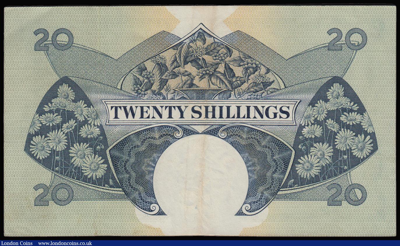 London Coins : A183 : Lot 84 : East Africa 20 Shillings QE2 issued 1958-60 series N 82400, 4 signatures at right, Pick39, VF or bet...