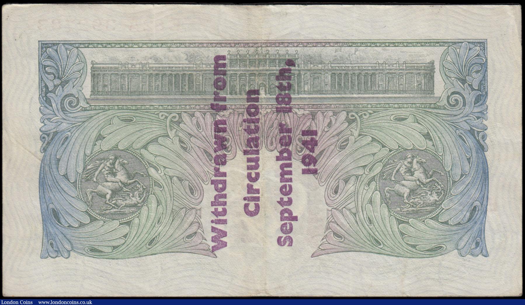 London Coins : A183 : Lot 9 : One Pound Peppiatt Second Issue B239A World War II Guernsey overprint unthreaded 1941 serial number ...