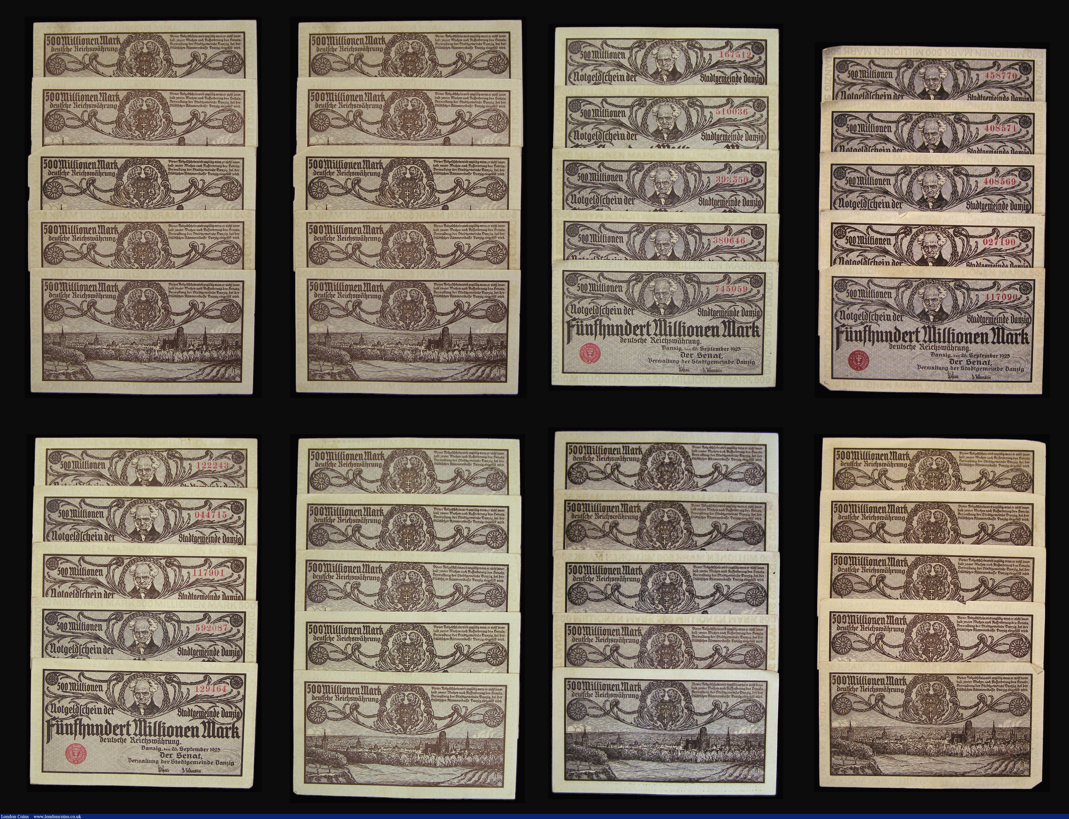 London Coins : A183 : Lot 92 : Germany 500 Million Mark Danzig 26 September 1923 grey and black on white, red serial numbers, red c...