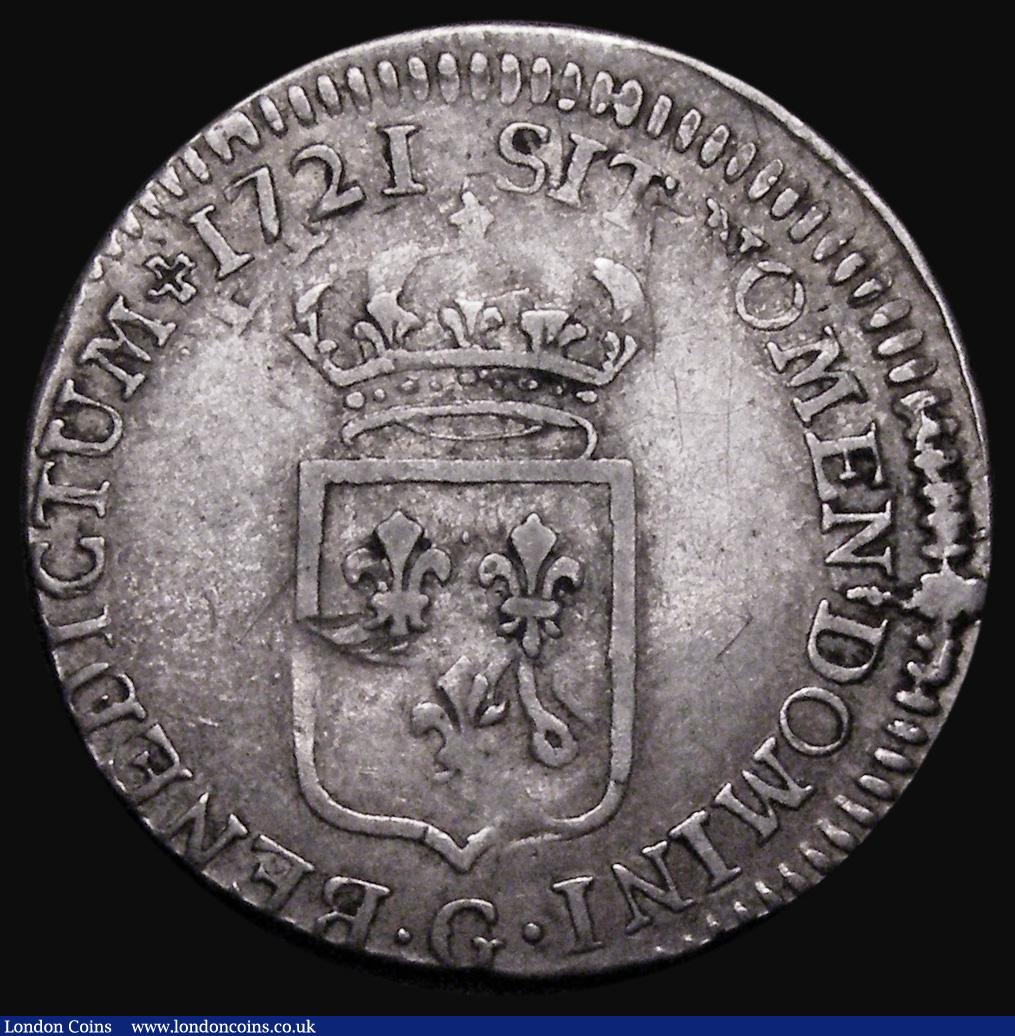 London Coins : A183 : Lot 930 : France 20 Sols (1/6 Ecu) 1721G Poitiers Mint, KM#454.8 Fine with much of the shield from the under s...