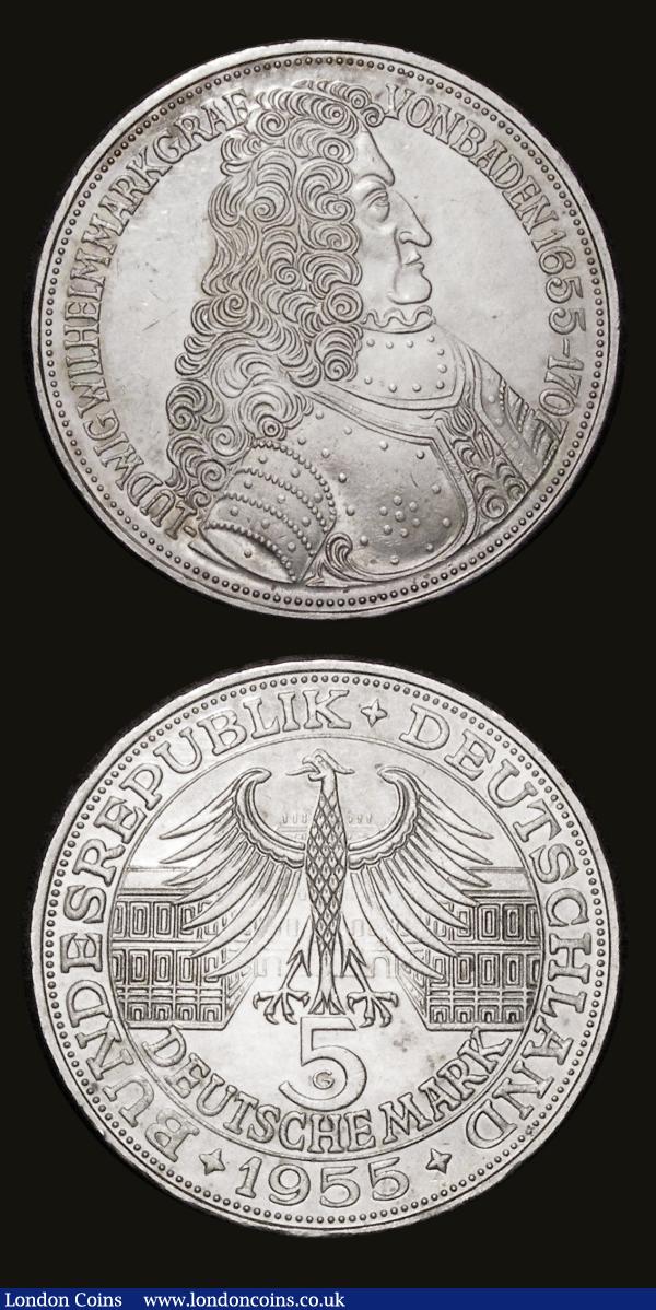 Germany - Federal Republic Five Marks (2) 1955F 150th Anniversary of the Death of Friedrich von Schiller KM#114 EF with some minor contact marks, 1955G 300th Anniversary of Ludwig von Baden KM#115 EF : World Coins : Auction 183 : Lot 976