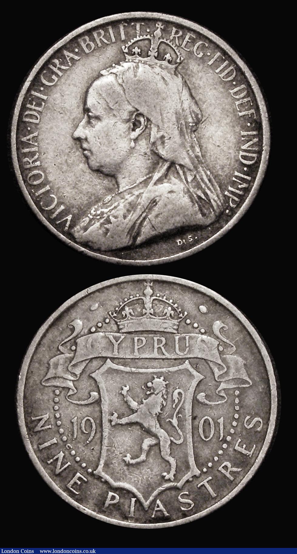 London Coins : A183 : Lot 977 : Greece Drachmai 1883A KM#38 Fine with some thin scratches on the obverse, Cyprus 9 Piastres 1901 KM#...