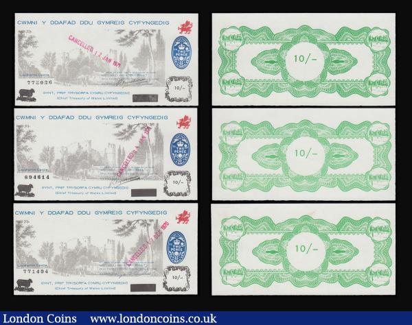 Wales - Black Sheep Company 10 Shillings  Laugharne Castle (5) red dragon and two pence blue stamp at right all with pink cancellation stamp Dec 1970 or Jan 1971 and all five UNC : World Banknotes : Auction 183 : Lot 134