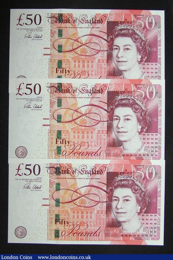 Fifty Pounds Cleland, B413 Boulton and Watt First Run 3 consecutives AJ36 000094-96 Unc : English Banknotes : Auction 183 : Lot 39