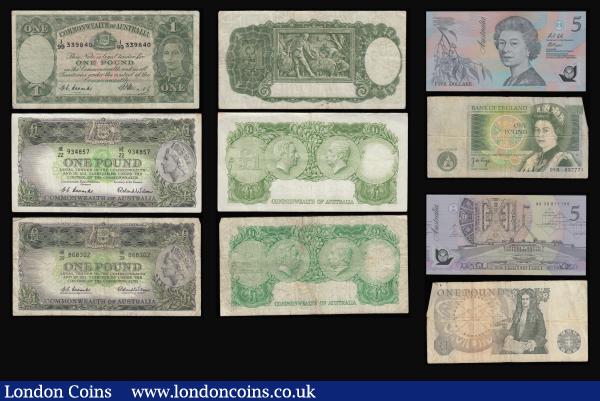 Australia 1 Pound Coombs and Watt George VI Pick 26c Fine, 1 Pound (1961) QEII green Coombs and Wilson Pick 34 (3) F-VF, 10 Shillings George VI Armitage and McFarlane Pick 25b F-VF, 5 Dollars Fraser and Cole Pick 50a EF. Along with Bank of England 1 Pounds Page Prefix 05N and Netherland Indies 50 Cent 2.3.1943 both Fine : World Banknotes : Auction 183 : Lot 57