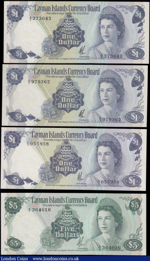 Cayman Islands Currency Board Queen Elizabeth II issues (4) including 1 Dollars (3) including Pick 1b L. 1971 (2) serial numbers A/2 373643 and A/2 979362, and Pick 5a L.1974  serial number A/3 055958. Along with 5 Dollars Pick 2a L. 1971 serial number A/1 364016. All about UNC - UNC, Scarce -issues all featuring H.M. Queen Elizabeth II at right wearing tiara and Arms at centre : World Banknotes : Auction 183 : Lot 76