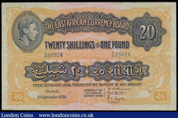 East Africa 20 Shillings George VI top left dated 1st September 1950 series W/10 88824, Pick 30b, bold and pleasing VF : World Banknotes : Auction 183 : Lot 83