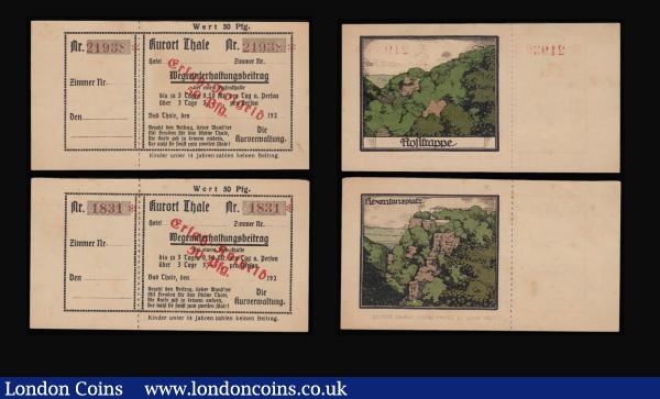 Germany 50 Pfennig Thale Notgeld in mixed grades (5) printed entertainment tickets with red and green overprint. Scarce and all with different illustrations on reverse : World Banknotes : Auction 183 : Lot 91
