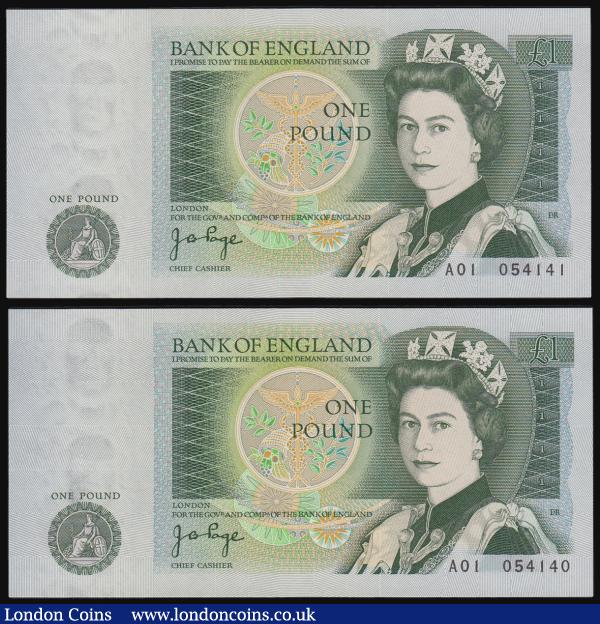 One Pounds Page 1978 Isaac Newton B337 First Run A01 (2 consecutives) A01 054140 and 140 Unc : English Banknotes : Auction 184 : Lot 104