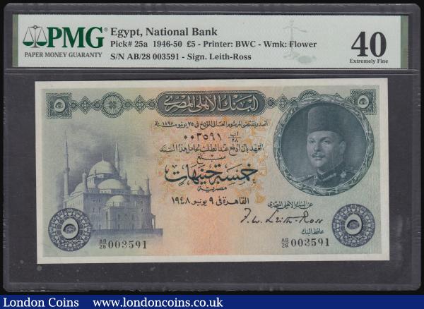 Egypt 5 Pounds 1946 King Farouk at right signed Leith Ross serial number AB/28 003591 Extremely Fine PMG 40  : World Banknotes : Auction 184 : Lot 198