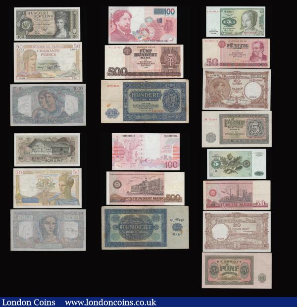 Europe Central (22) mixed grades to about UNC - UNC all different notes and various issues and denominations. Including  Austria ,Belgium, France   Along  with various issues from post war Germany (13) including West Germany (8)   and   US Army Command  : World Banknotes : Auction 184 : Lot 200