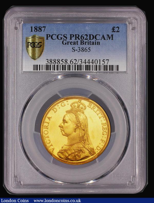 Two Pounds 1887 Proof S.3865 in a PCGS holder and graded PR62 Deep Cameo, the fields mirror-like, the portrait and St. George designs retaining much original mint frosting, very desirable thus, the 1887 Gold Proofs now becoming very hard to find in high grades with prices appreciating rapidly in recent years : English Coins : Auction 184 : Lot 2217