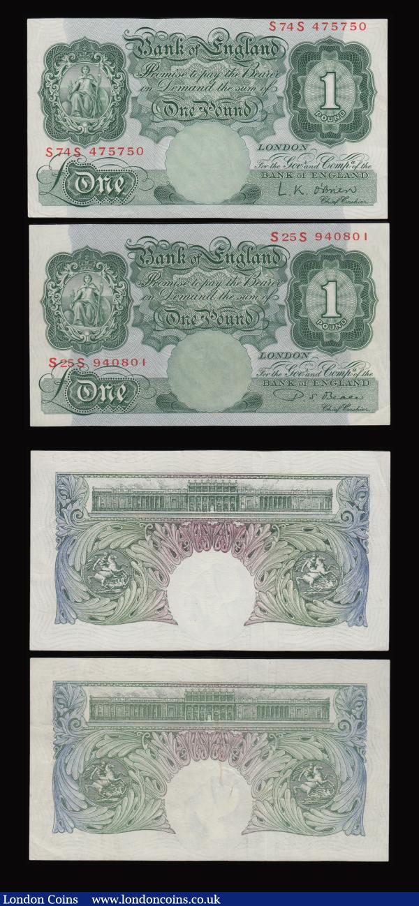 One Pound Beale B268 1950 H98J 490388 AU, replacement B269 S25S 940801 EF or better. O'Brien 1955 B273 prefix J91L VF, replacement B274 S74S 475750 EF : English Banknotes : Auction 184 : Lot 63