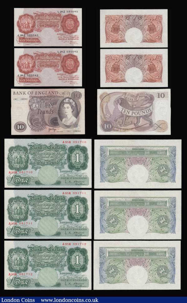 Ten Pounds Page Lion and Key C61 prefix GVF. One Pounds O'Brien 1955 B273 (3 consecutives) A95K 091710-712 Unc, Somerset Isaac Newton (2 consecutives) DX69 prefix EF-Unc. Ten Shillings Beale B266 (2) both L28Z prefix 525042 and 045 AU-Unc, Britannia in Medallion O'Brien A64 385791 and Hollom T43 327429 both AU : English Banknotes : Auction 184 : Lot 81