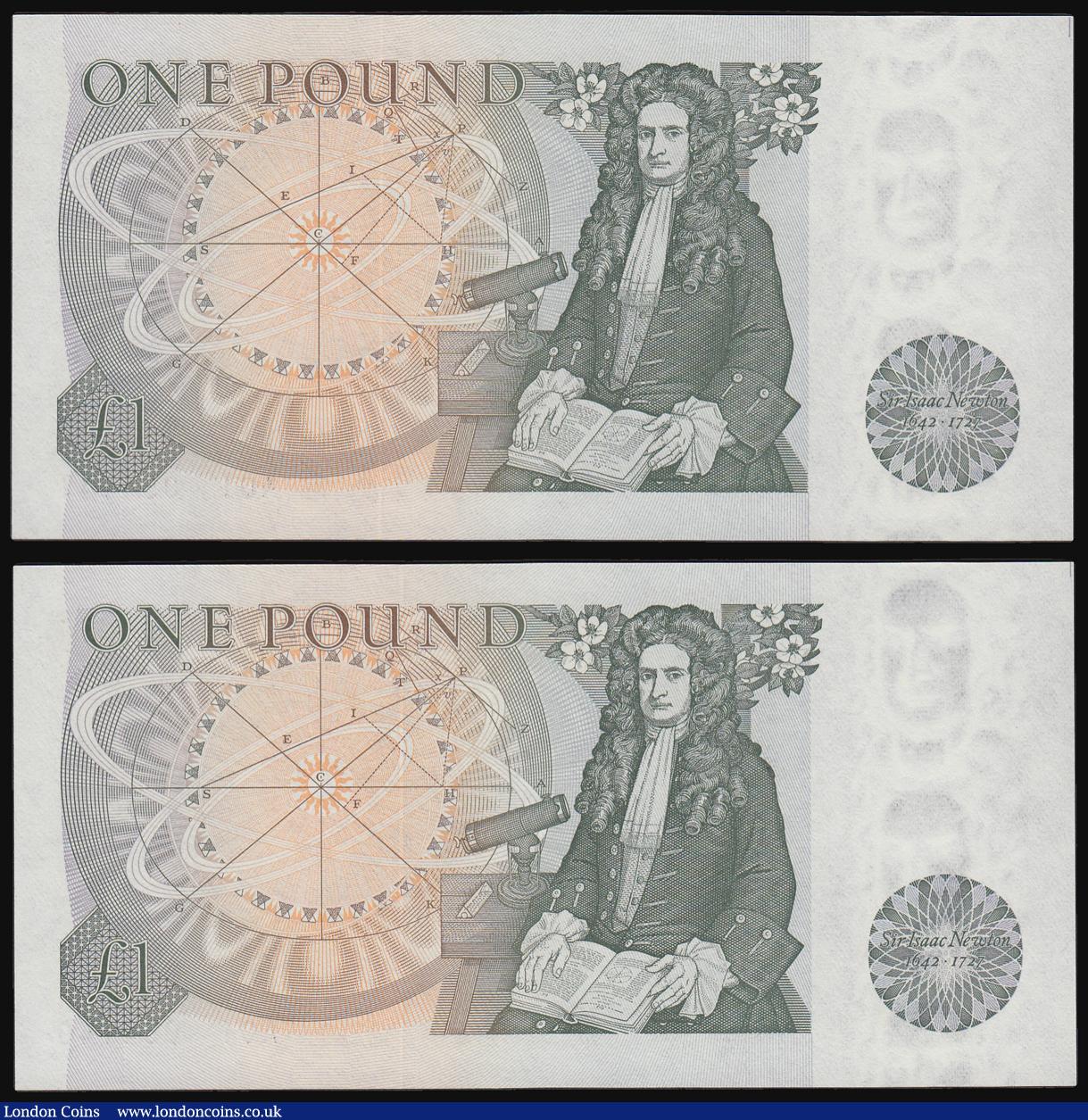 London Coins : A184 : Lot 104 : One Pounds Page 1978 Isaac Newton B337 First Run A01 (2 consecutives) A01 054140 and 140 Unc