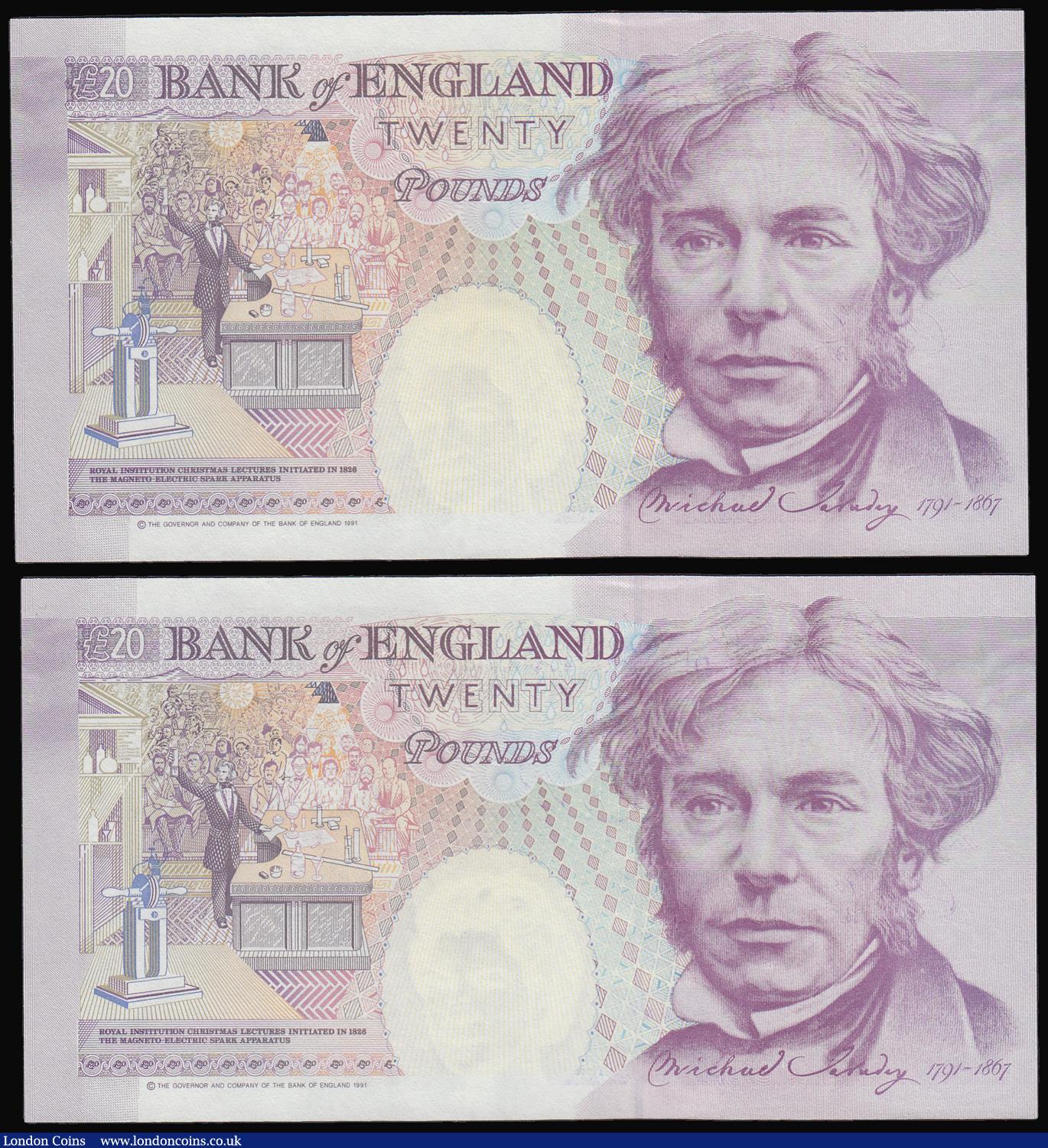 London Coins : A184 : Lot 116 : Twenty Pounds Gill Michael Faraday 1991 B358 (2) consecutives A17 166407 and 408 Unc