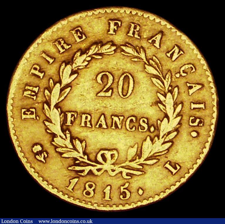 London Coins : A184 : Lot 1161 : France 20 Francs Gold 1815L Bayonne Mint KM#705.2 Fine or better/Fine, Rare with a mintage of just 1...