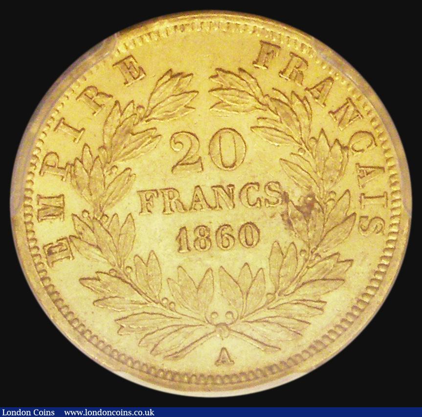 London Coins : A184 : Lot 1162 : France 20 Francs Gold 1860A Paris Mint KM#781.1 in a PCGS holder and graded AU58