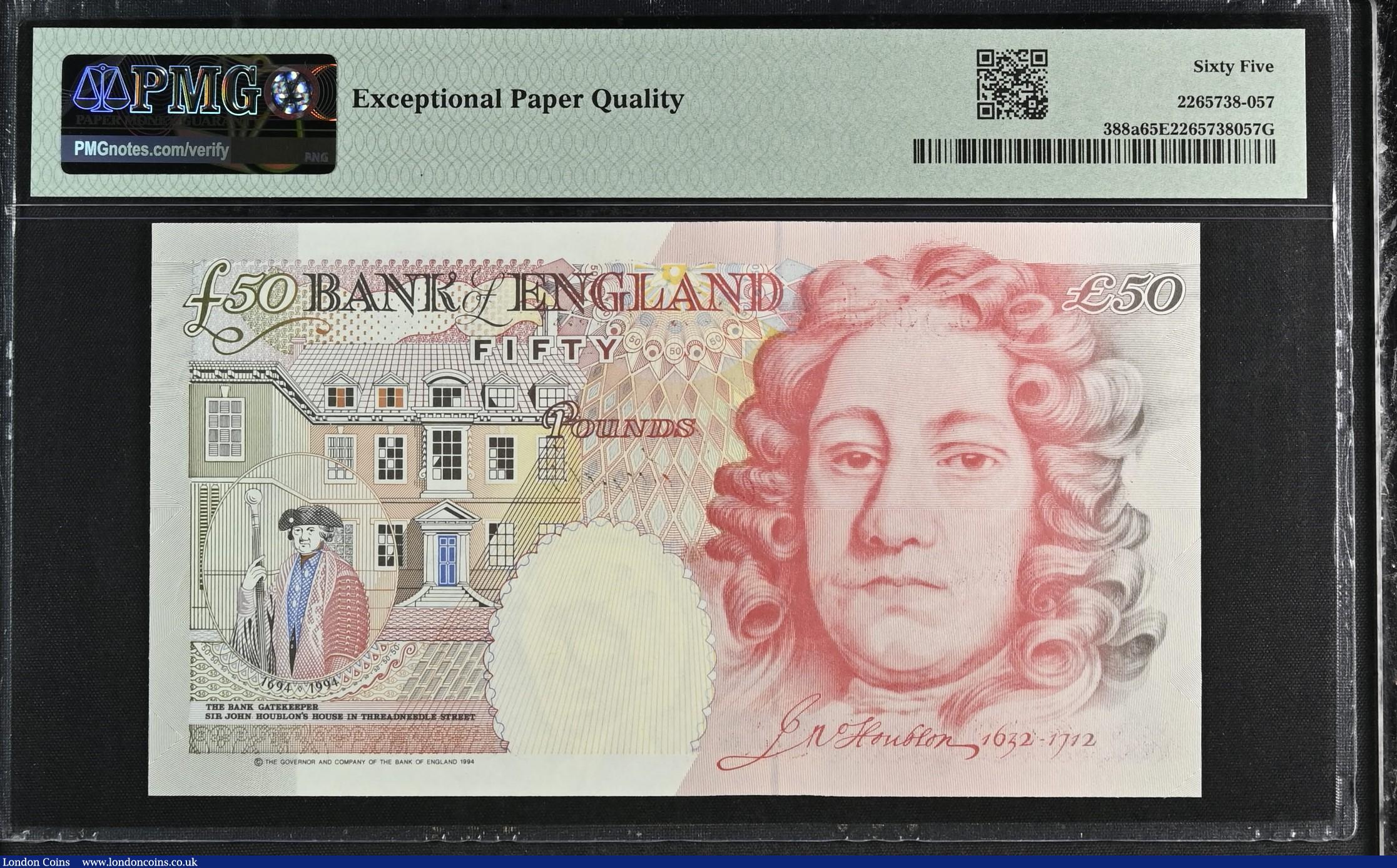 London Coins : A184 : Lot 118 : Fifty Pounds Kentfield 1994 Houblon B377  low serial number A01 000813, Gem Uncirculated PMG 65 EPQ