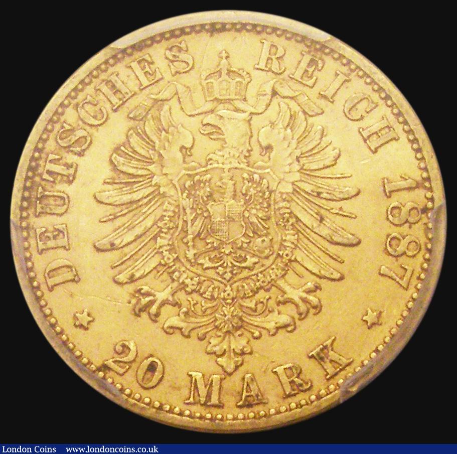 London Coins : A184 : Lot 1182 : German States -  Prussia 20 Marks Gold 1887A KM#505 in a PCGS holder and graded AU55