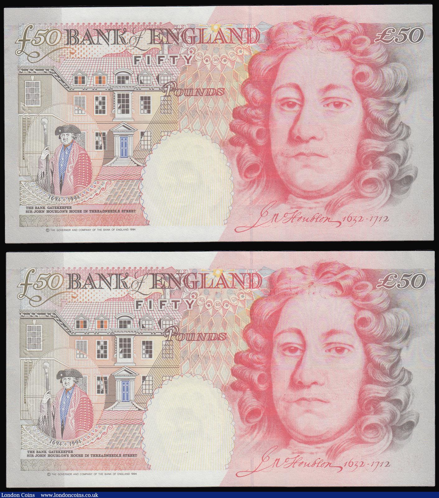 London Coins : A184 : Lot 119 : Fifty Pounds Kentfield B377 issued 1994 (2) consecutives A05 202156 and 157 Unc