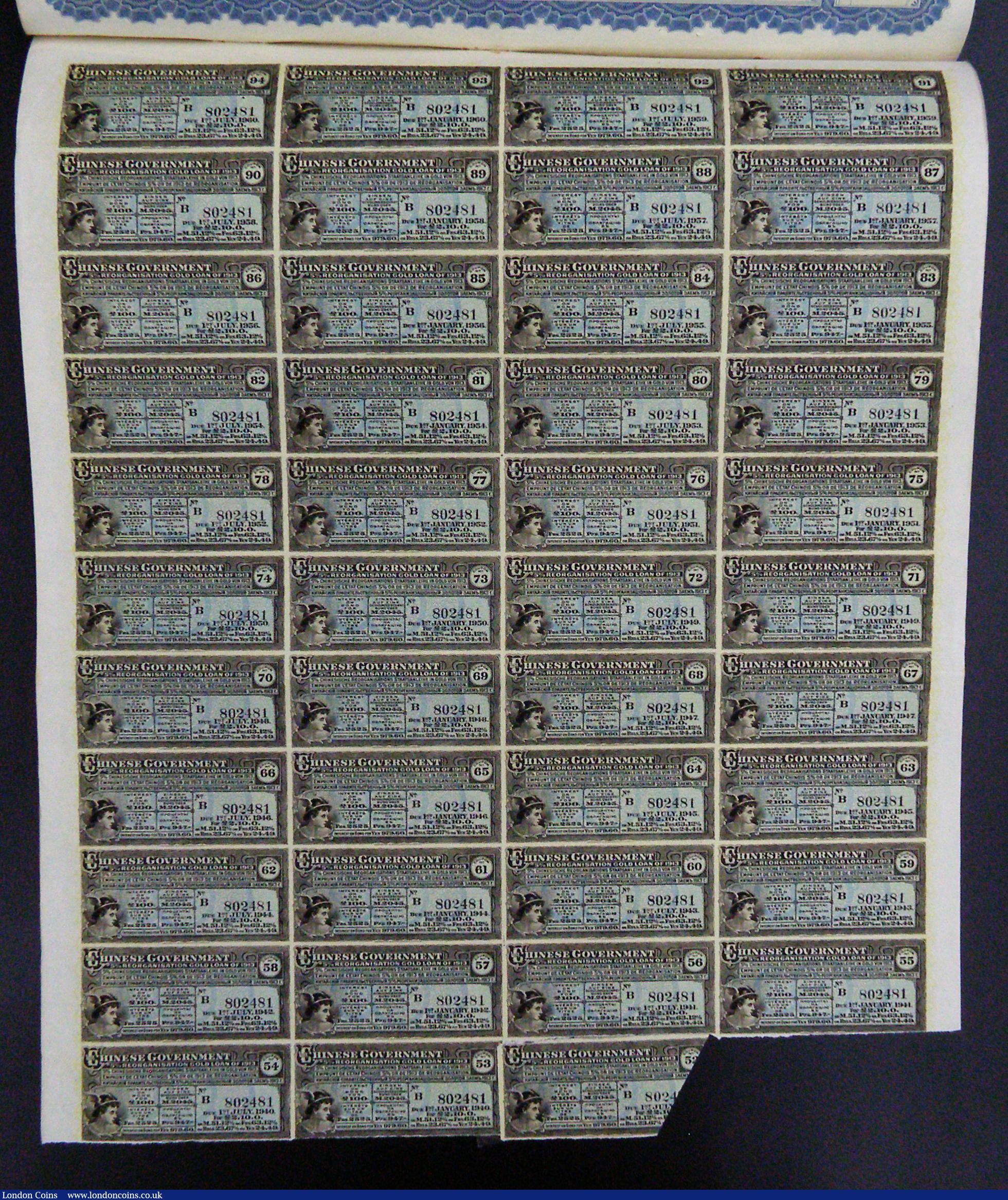 London Coins : A184 : Lot 12 : China, Chinese Government 1913 Reorganisation 5% Gold Loan, Bond for £100, Hong Kong and Shang...