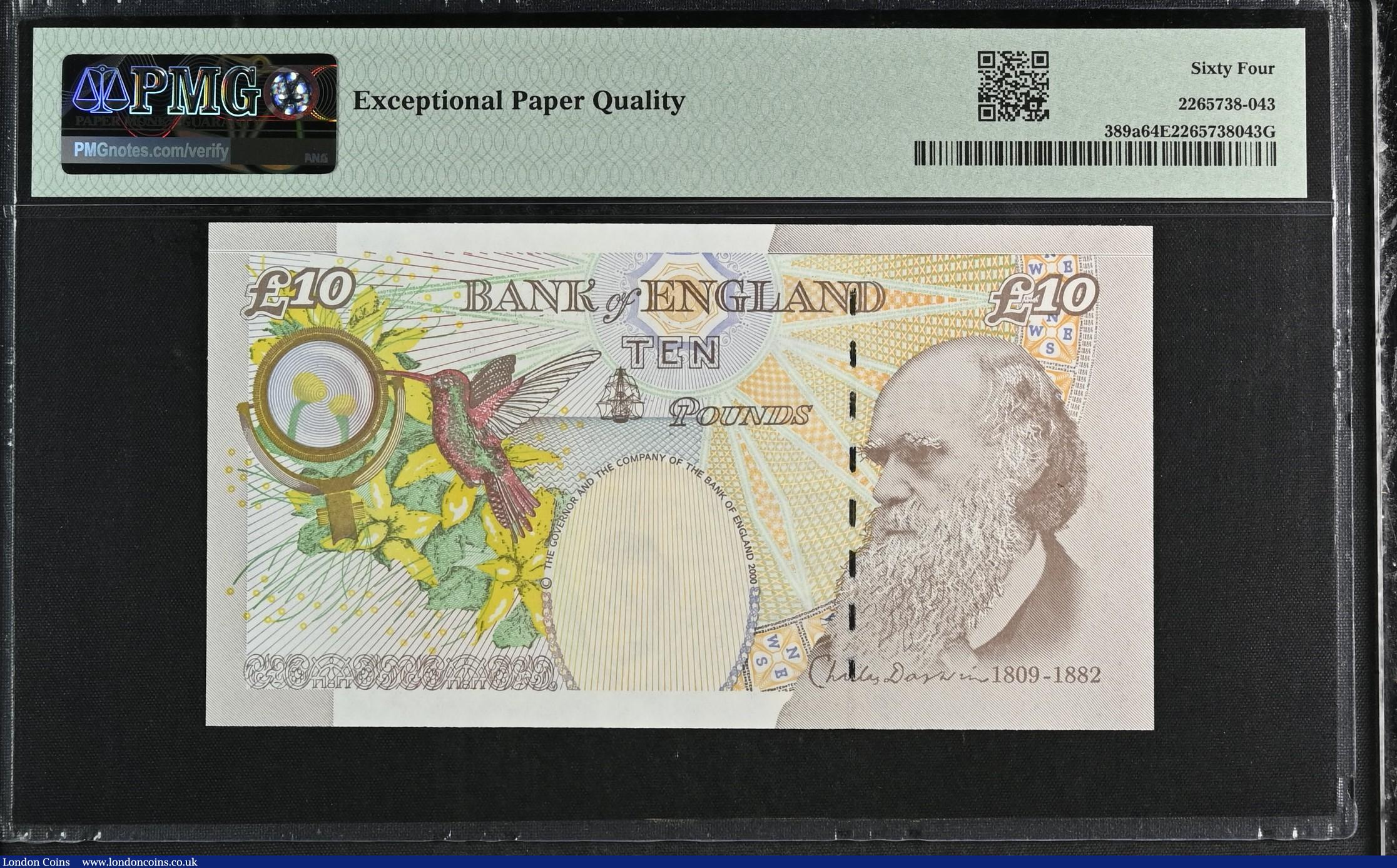 London Coins : A184 : Lot 122 : Ten Pounds Lowther 2000 Charles Darwin THE COMPANY B388 AA01 007591. First series GEM Uncirculated P...