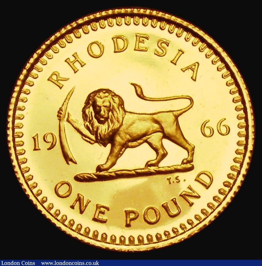 London Coins : A184 : Lot 1280 : Rhodesia One Pound 1966 Gold Proof KM#6 UNC/FDC the obverse with a series of fine scratches, retaini...