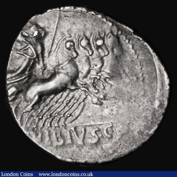 Roman Republic - Denarius Vibius Pansa, Obverse: Laureate head of Apollo  right, with control mark before, Reverse: Minerva in quadriga right, [C] VIBIVS CF in exergue, 3.94 grammes, Fine : Ancient Coins : Auction 184 : Lot 1403