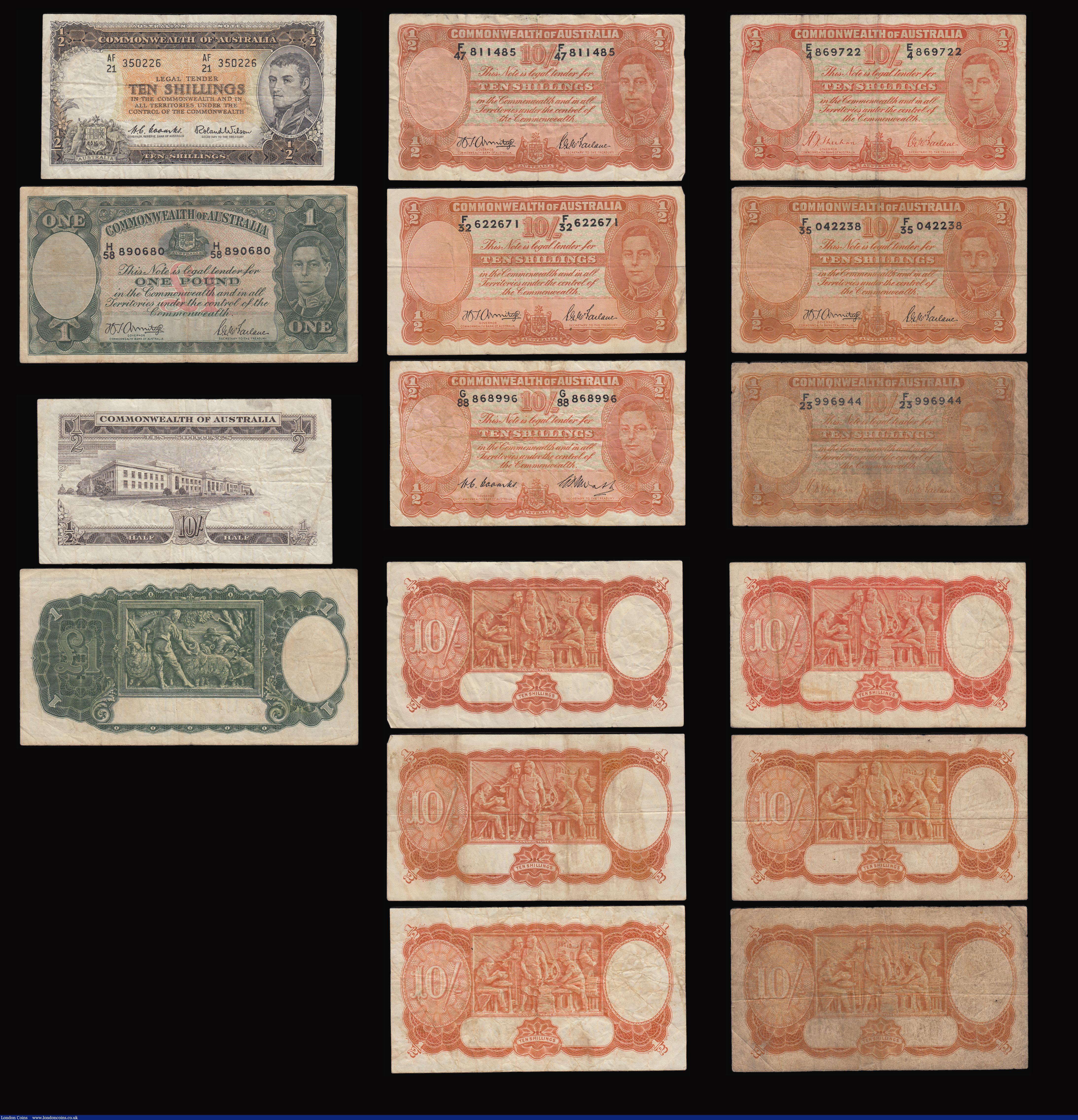 London Coins : A184 : Lot 144 : Australia 1 Pounds (7) George V portrait (1933-38) Pick 22, George VI portrait Pick 26 b and c, QE I...